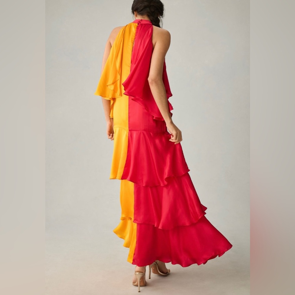 Pinnacle By Shruti Sancheti Mock-Neck Colorblock Ruffle Dress, Size S - Picture 5 of 8